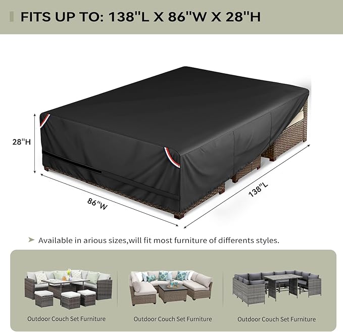 KylinLucky 138"x86" Heavy Duty Waterproof Patio Table Cover - All-Weather UV Protection Outdoor Furniture Cover with Air Vents & Adjustable Straps for Rectangular Dining Set, Black
