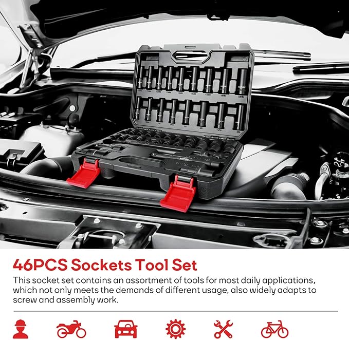 Eastvolt 46 Pieces Drive Socket Ratchet Wrench Set, Mechanic Tool Kits with 72 Teeth Reversible Ratchet, Extension Bar Set and Storage Case, Metric/SAE