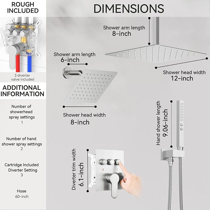 Shower Faucet Set Matte Black Shower System, 12" Ceiling Rainfall Shower and 8" Rain Shower with 2 in 1 Handheld, Can Use All at Once, Wall Mount Pressure Balance Rough-in Valve and Trim Kit