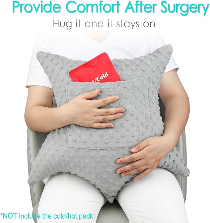 Heart Surgery Pillow Shock Absorbing for Open Heart Surgery After Bypass Coughing with 2 Pockets - Recovery Gifts with Hands Placement Pouch, Minky Dot Gray