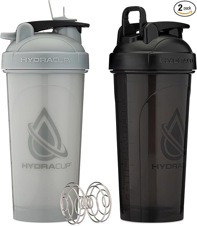 Hydra Cup ProFlow [2 Pack] 28 oz Shaker Bottles for Protein Shakes, Shaker Cups with Ball Blender Whisk, Shaker Bottle with Handle, Travel To Go, BPA Free (Black & Grey, 28oz)