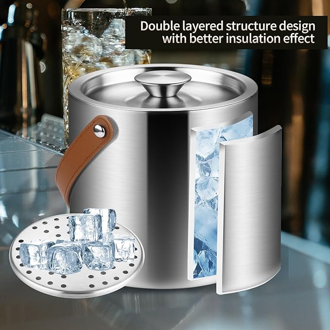 Double-Wall Vacuum Insulated Ice Bucket with Lid, Scoop, Ice Tong, Strainer & Leather Handle Keep Ice Frozen Longer Large Wine Ice Buckets for Cocktail Bar,Parties Chilling Beer Champagne 3L