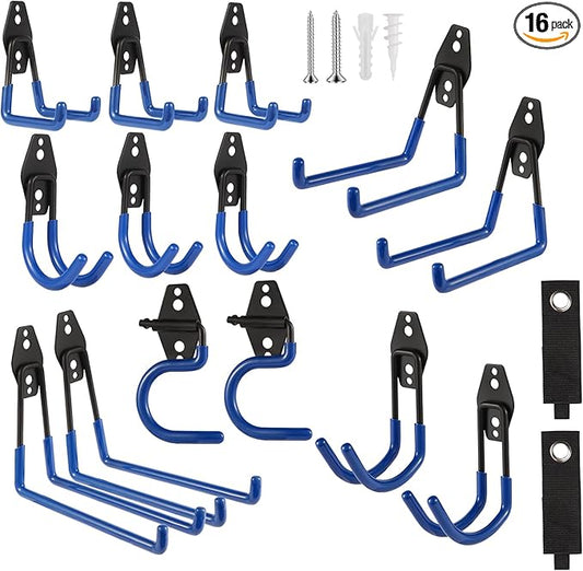 Garage Hook Heavy Duty Wall Storage Hangers, 16 Pack Garage Storage Hooks Steel Tool Organizer Blue for Ladders, Ropes, Garden Tools