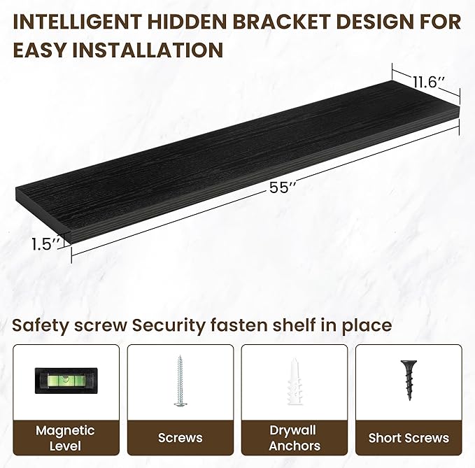 55 Inch Floating Shelves, 11.6 Inch Deep Floating Shelves for Wall, Floating Shelf with Invisible Brackets, Deep Shelves for Bathroom, Bedroom, Living Room, 1 Pack, Black