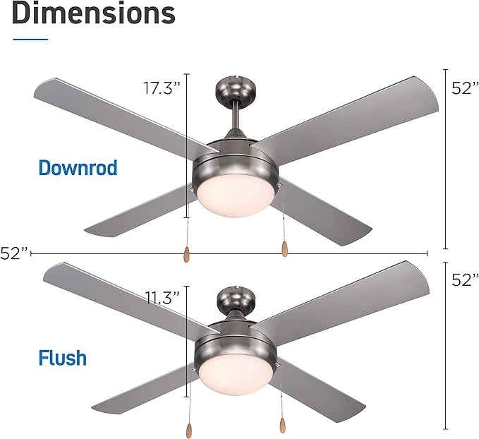 COMMERCIAL COOL 52” Modern Ceiling Fan with Lights, Cools up to 350 Sq. Ft., Perfect for Large Rooms, Featuring 3 Air Flow Speeds with Dual Chain, 4 Plywood Blades in Silver