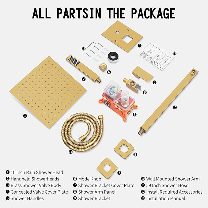 Bathroom Shower Faucet Set，10 Inch Rain Shower Head with Handheld Spray，Brass Shower Valve Trim Kit，Wall Mounted Square Rain Shower System (Brushed Gold)