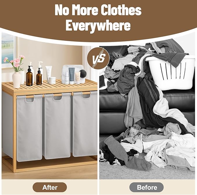 Bamboo Laundry Hamper 3 Section with Lid, 150 L Laundry Sorter with Pull-Out Removable Washable Bags, 3 × 12.5 Gal Divided Laundry Baskets for Laundry Room, Bathroom (Gray)