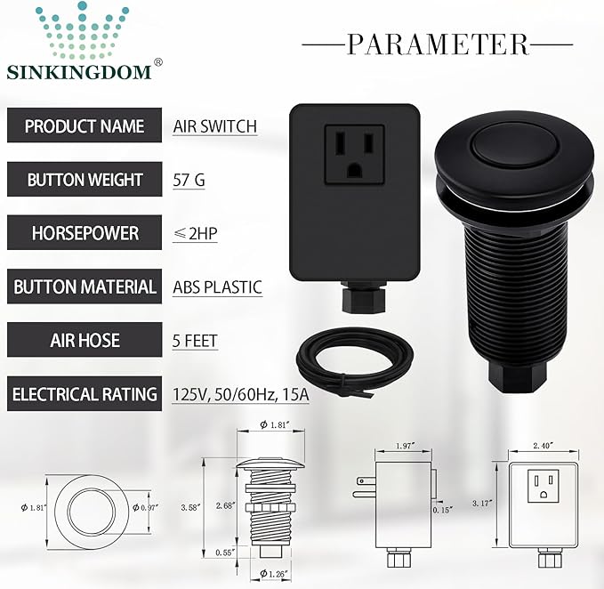 Garbage Disposal Air Switch Kit with Long Button, Matte Black (Brass Cover)