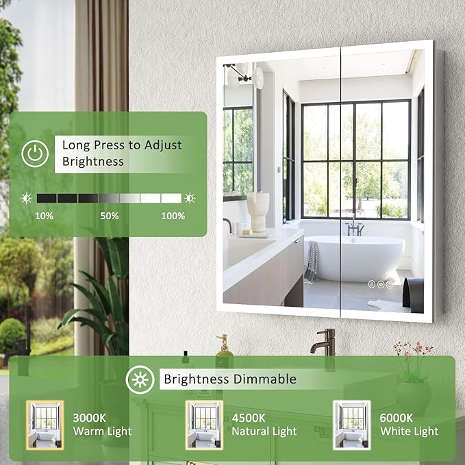 Medicine Cabinet with Lights, Bathroom LED Mirror Cabinet with Storage, Anti-Fog & 3 Color Lights, Recessed or Wall Mounted (30X32 in)