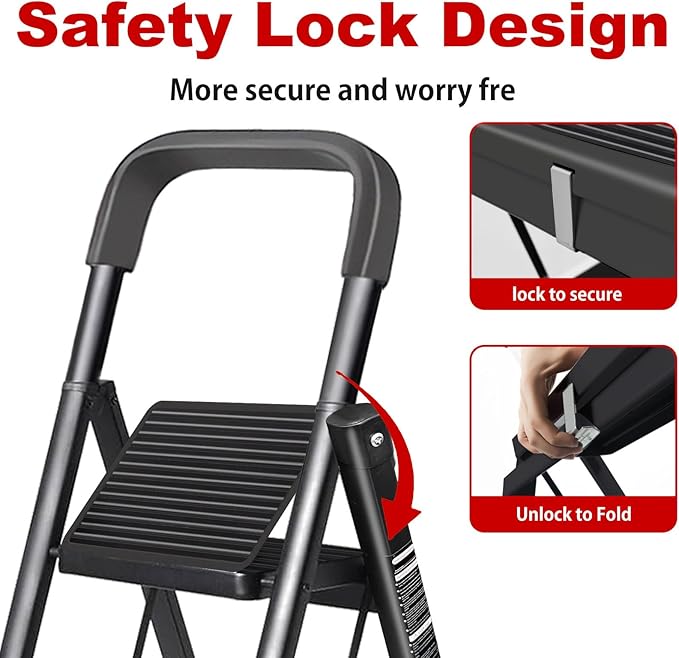 3 Step Ladder with Anti-Slip and Wide Pedal 220 lbs Capacity Folding Step Ladder for Household Kitchen Office(F-Black, 3-Step with Handrail)