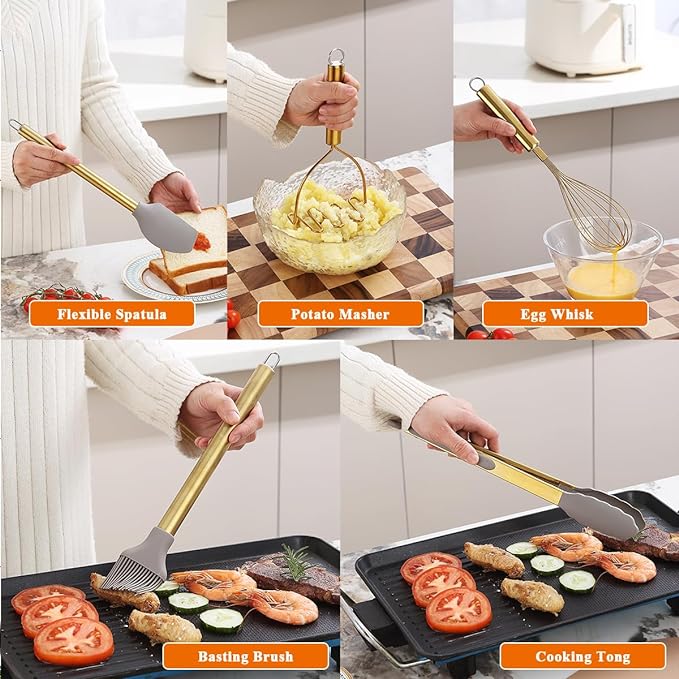 Gold Kitchen Utensils Set, Kyraton 38 Piece Silicone kitchen Cooking Utensils Set with Utensil Rack, Spoon Spatula Set, Non-Stick kitchen Gadgets, Dishwasher Safe