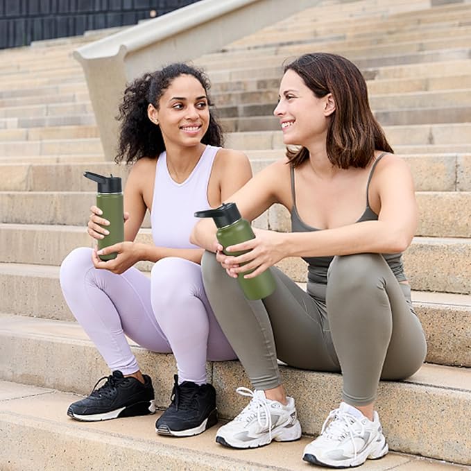 Stainless Steel Water bottle with Straw & Wide Mouth Lid, Wide Rotating Handle, 24oz Double Wall Vacuum Insulated Water Bottle Leak Proof, BPA Free, Keep Cold and Hot, 24oz, Army Green