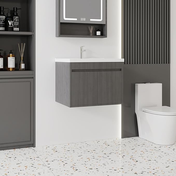 24'' Bathroom Vanity with Ceramic Sink Combo, Wall Mounted Small Bathroom Vanity with Soft-Close Door Modern Floating Cabinet, Pop-up Drain, P-Trap Included, GreyWalnut(No Faucet)
