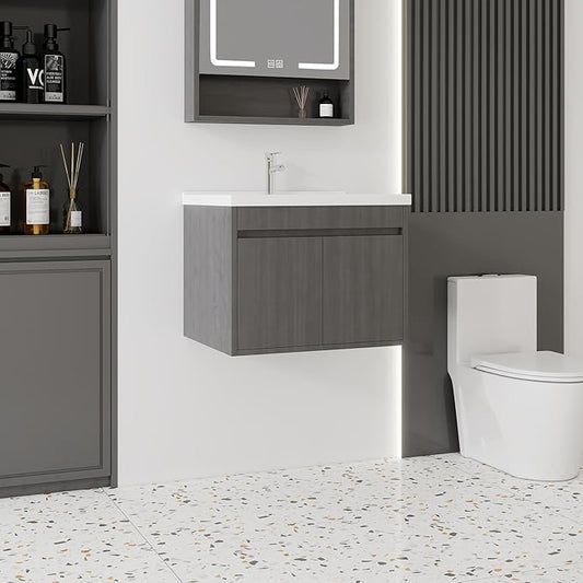 24'' Bathroom Vanity with Ceramic Sink Combo, Wall Mounted Small Bathroom Vanity with Soft-Close Door Modern Floating Cabinet, Pop-up Drain, P-Trap Included, GreyWalnut(No Faucet)