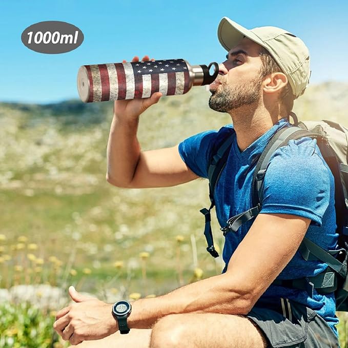 Alaza American Flag Patriotic Water Bottle With Straw Lids Boys Girls,Vacuum Insulated Leakproof Stainless-Steel Sports Bottle Thermal Flask For Gym Yoga Camping,34Oz (1000Ml)