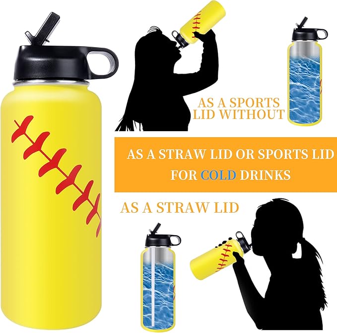40oz Wide Mouth Softball Water Bottle with Two Lids(Straw, Handle Lid), 18/8 Stainless Steel Vacuum Insulated for Travel & Sport Cup. (Softball Yellow, 40oz)