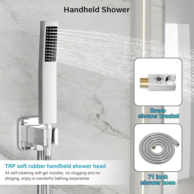Shower Faucet Set Bathroom Square Rain Shower Head and Handle Set, Wall Mounted Shower Fixtures, Full Metal Trim Repair Kit 10 inch Polished Chrome (With Shower Valve)