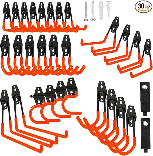 Garage Hook Heavy Duty Wall Storage Hangers, 30 Pack Garage Storage Hooks Steel Tool Orange for Ladders, Ropes, Garden Tools