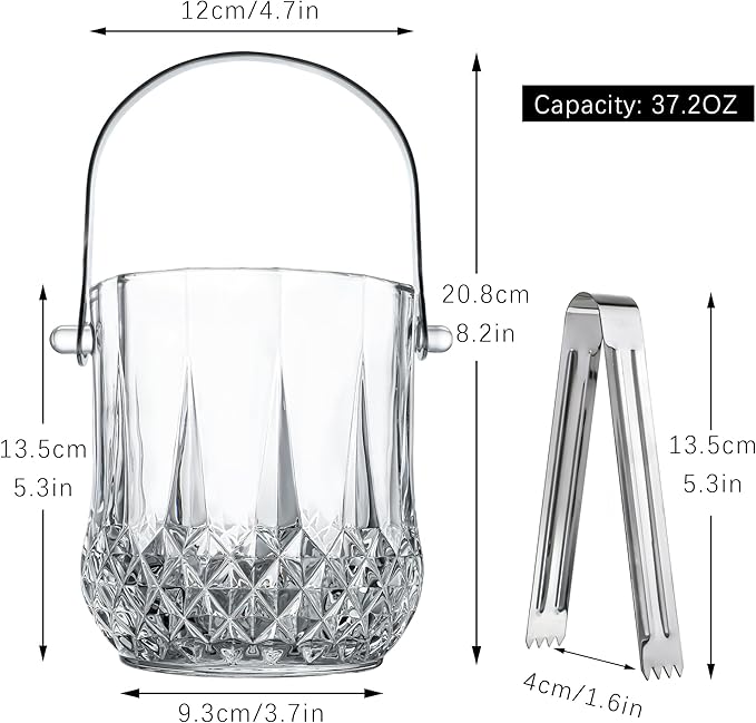 Glass Ice Bucket with Handle and Ice Tong Clear Crystal Ice Buckets for Cocktail Bar Wine Home Bar Accessories Parties Clear Champagne Bucket