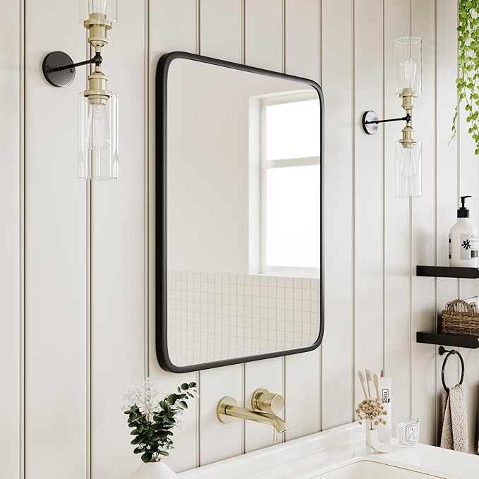 Vintage-Style Bathroom Wood Black Cabinet with 16.5''x24'' Black Metal Frame Curved Mirror, Recessed Medicine Cabinet, Bathroom Storage Cabinet