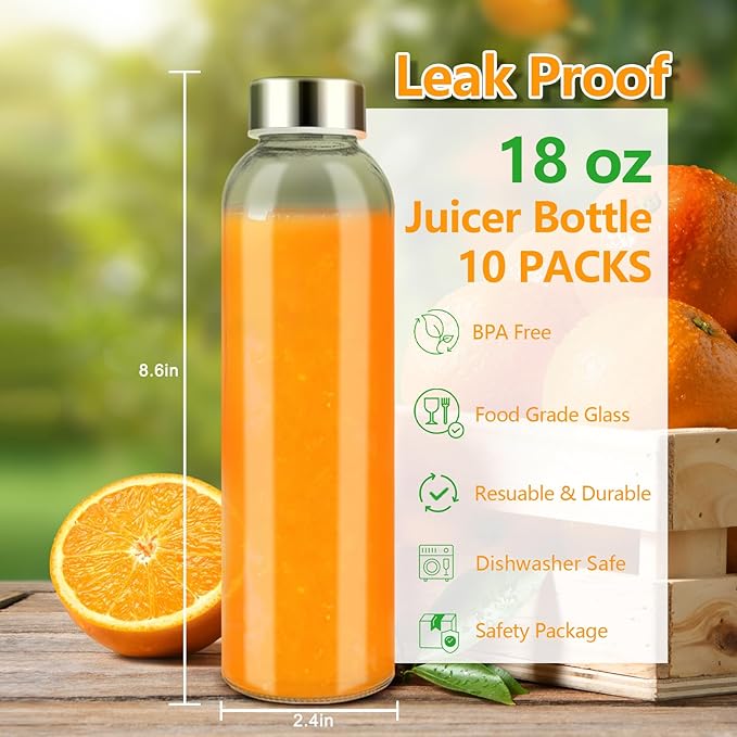 Glass Juice Bottles with Lids for Juicing 18 oz, Reusable Clear Glass Water Bottles with Stainless Steel Airtight Cap for Refrigerator, 100% Leak Proof, BPA Free, Set of 10