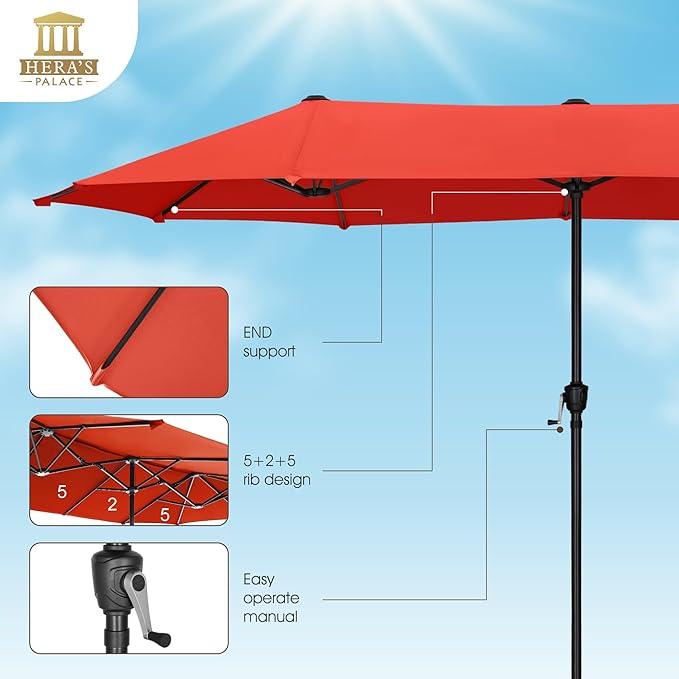 HERA'S PALACE 13 ft Rectangle Patio Umbrellas, Large Outdoor Umbrella with Crank, Powerful UV Protective, Table Umbrella Outdoor Patio for Backyard, Pool, Garden, Deck
