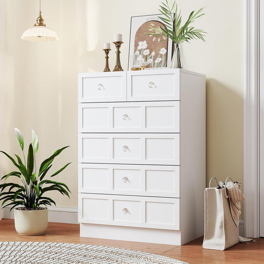 Wood Dresser for Bedroom 6 Drawer: 24" White Chest of Drawers Wood, Modern Fluted Cabinet with Sturdy Storage, Wide Aesthetic Furniture for Room Organization