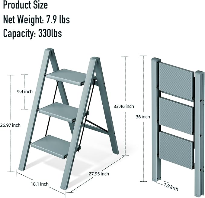 3 Step Ladder,Aluminum Folding Step Stool for Adults,Step Ladder with Wide Anti-Slip Pedal,330 lbs Capacity for Home,Office,Kitchen,Library(Blue)