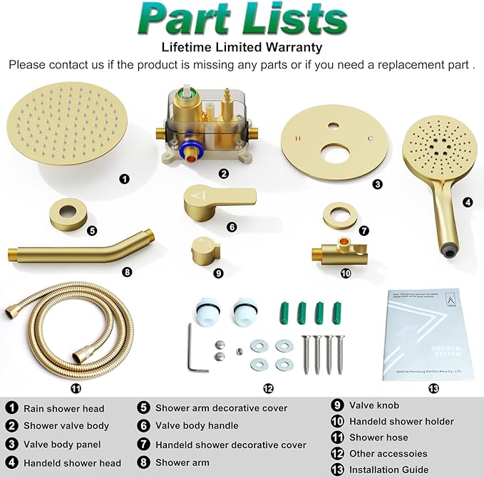 Shower Faucet Set Brass 8IN Rough-In Valve Body Trim Kit Rainfall Included Handle Accessories Complete 2 Functions with Rain Head and Handheld Bathroom Systems (8‘’, Brushed Gold)