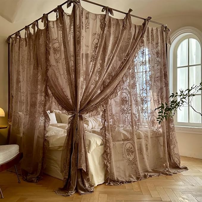 Elegant Lace Princess 4 Corner Post Mosquito Net Romantic for Girls Women Bed Curtain Canopy for Adult Wedding Bedroom Kids Rooms Decoration (Coffee, Full)