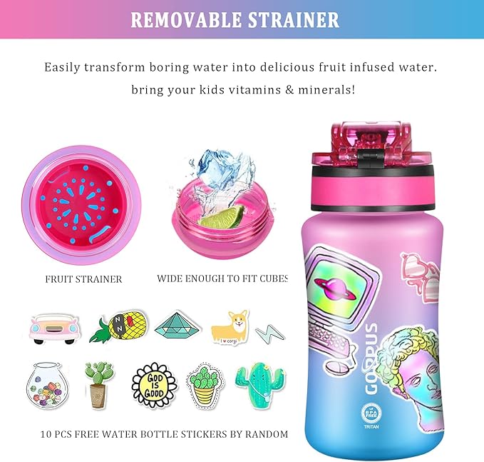 GOPPUS Kids Water Bottle with Straw Spout Lid 10pcs Stickers 12 oz Leak-proof BPA Free Motivational Time Marker Tritan Plastic Water Bottles for Girls Boys School Sports