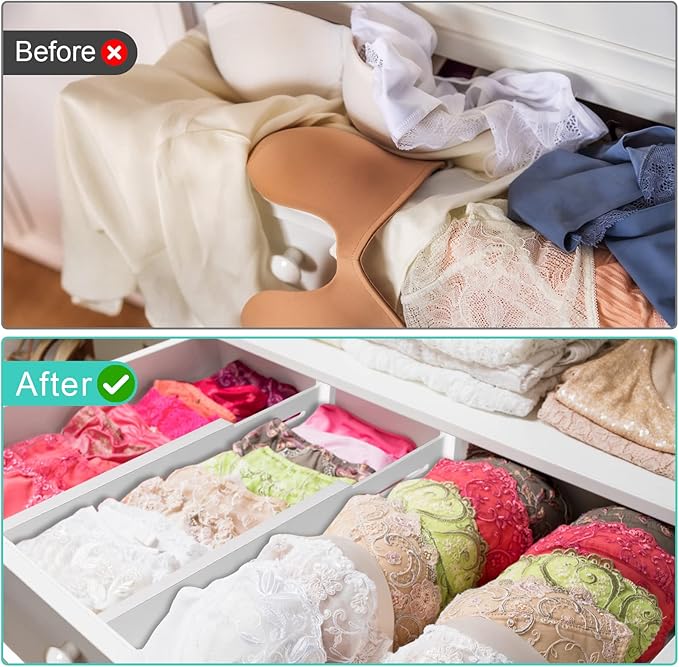 Bamboo Drawer Dividers Organizer with Inserts, Expandable from 12.5-21.7", Adjustable Drawer Organizer Separators for Utensils, Dresser, Bedroom, Bathroom, Closet, Clothing, Office (White)