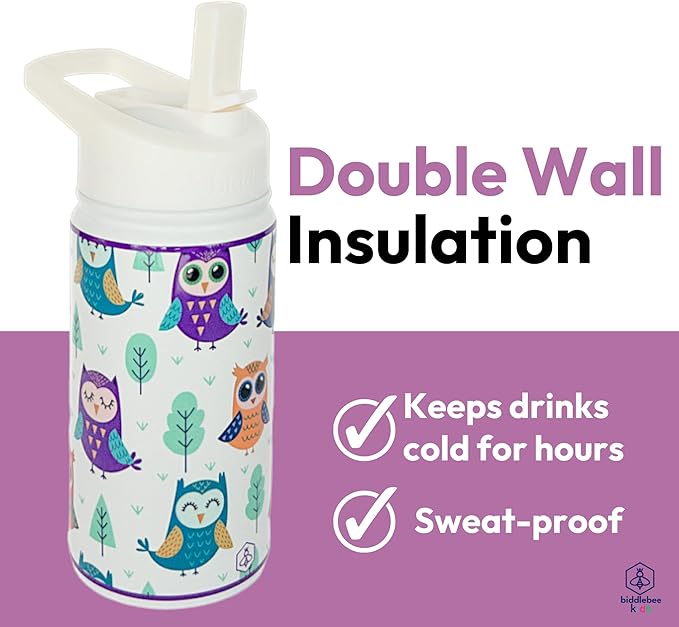 Biddlebee Kids Water Bottle with Straw Lid | 14oz Insulated Stainless Steel Reusable Bottles for School | Leak Proof Cap with Handle & Touch Free Spout | Great for Boys & Girls (Owls)
