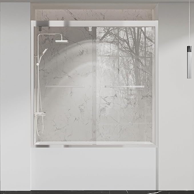 Bathtub Double Sliding Shower Door 55-59 in,Water Repellent Tub Shower Door,Shower Doors for Bathtub,with 5/16"(8mm) Clear Tempered Glass,Explosion-Proof Film,Stainless Steel Frame,Silver