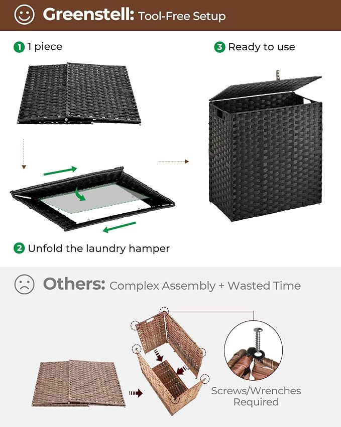 Greenstell Laundry Hamper with lid, No Install Needed, 110L Wicker Laundry Baskets Foldable 2 Removable Liner Bags, 2 Section Clothes Hamper Handwoven Rattan Laundry Basket with Handle, Black