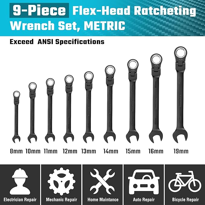 DURATECH 9-Piece Flex-Head Ratcheting Wrench Set, Combination Wrench Set, 72 Tooth, Metric, 8, 10, 11, 12, 13, 14, 15, 16, 17mm, Black Electrophoretic Coating, CR-V Steel, with Rolling Pouch