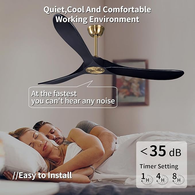 Bigzone 60" Black Ceiling Fan Without Light, DC Motor Quiet Energy Saving,3 Balsa Black Wood Blades,Wood Ceiling Fan With Remote Control, Reversible Blades