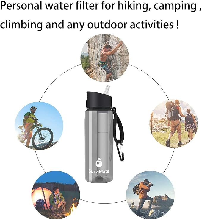 SurviMate 0.01μm Ultra-Filtration Filtered Water Bottle, Portable Water Filter Bottle with 4-Stage Filtration for Survival, Camping, Hiking, Backpacking, Drinking, Emergency
