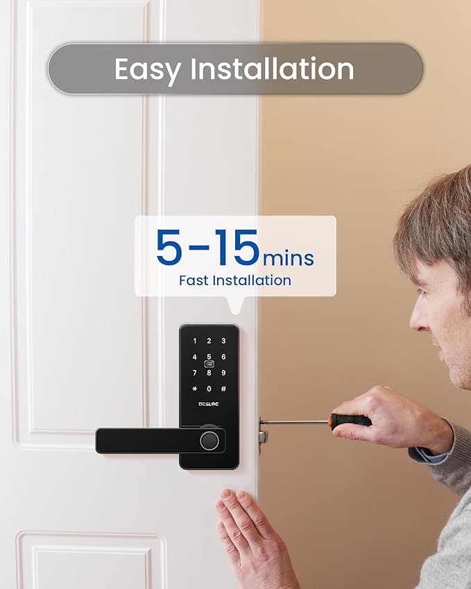 DESLOC B200L Fingerprint Smart Lock with Handle, Keyless Entry Door Locks, App Control, Touchscreen Keypad, 100 PIN Codes, Auto-Lock, 12-Month Battery, Emergency Power Port, IP54 (Black)