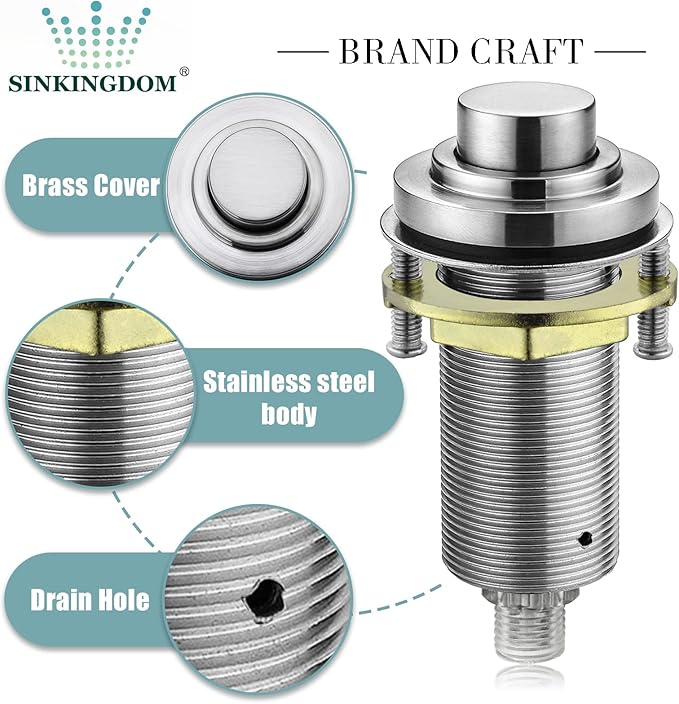 SinkTop Air Switch Kit (Long Full Brass Button) for Garbage Disposal, Cordless Brushed Nickel