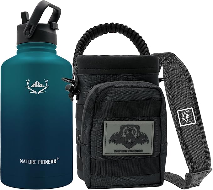 NATURE PIONEOR Tactical Water Bottle with Carrying Molle Sleeve, Stainless Steel 18/8 Food Grade Half Gallon Jug