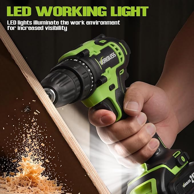 WORKBLESS 21V Power Drill Set, Cordless Drill with 2 Batteries and Charger, 3/8'' Keyless Chuck, Variable Speed, 18+1 Torque Setting and 28pcs Bits Tool Set(Green)