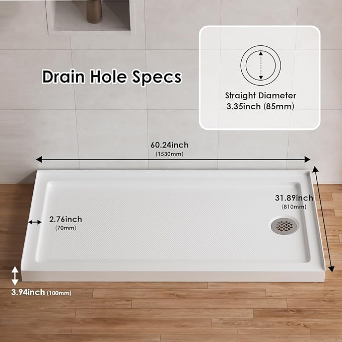 60"x 32" Shower Base, Right Drain Single Threshold Shower Pan with Slip Resistant Textured Surface, Stainless Steel Drain Cover（Right）