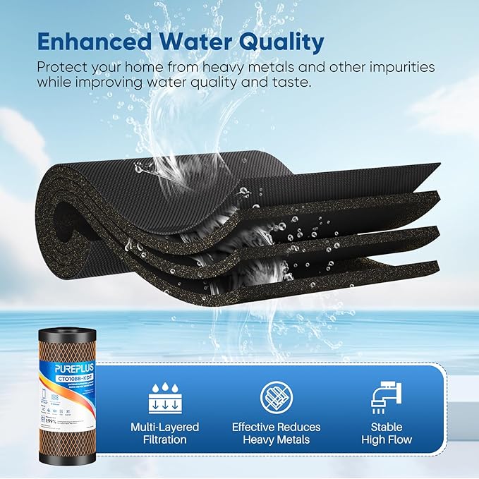 PUREPLUS 5 Micron 10" x 4.5" Whole House Coconut Shell Activated Carbon and KDF Water Filter, Heavy Metal Removal Replacement Water Filter, CTO10BB-KDF, 2 PACK