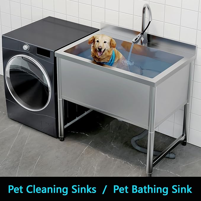 Stainless Steel Commercial Restaurant Sink, Freestanding Large Commercial Sink with Pull-out Faucet for Kitchen Dishwashing, Thawing, Pet Cleaning, Laundry Room, 35 Gallon, 23.6"D x 33.5"W x 36.8"H