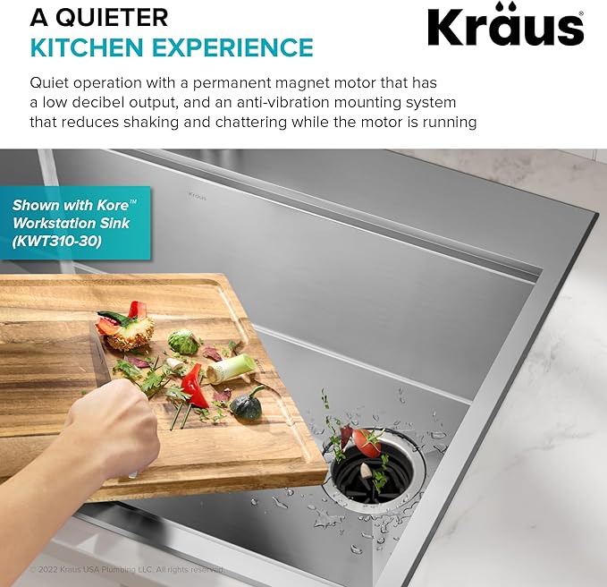 KRAUS WasteGuard High-Speed 1 HP Continuous Feed Ultra-Quiet Motor Garbage Disposal with Power Cord and Flange Included and Universal Mount, KWD200-100MGR