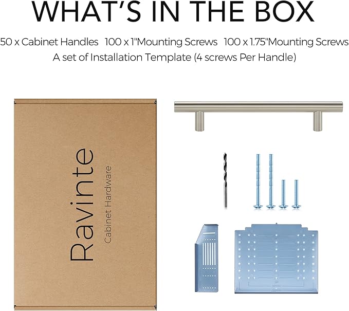 Ravinte 50 Pack | 7.38'' Cabinet Pulls Brushed Nickel Stainless Steel Kitchen Drawer Pulls Cabinet Handles 7-3/8”Length, 5” Hole Center with Mounting Template