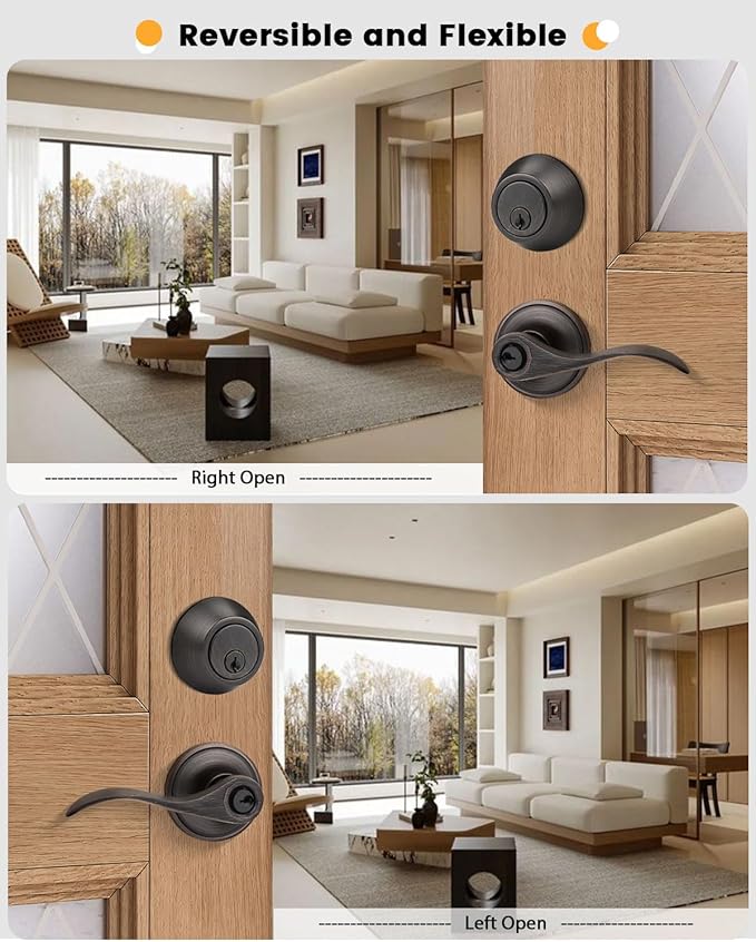 Gobrico Oil Rubbed Bronze Keyed-Alike Door Levers and Single Cylinder Deadbolts Combination Locksets, 2 Pack Front/Entry Handleset with Same Key, Reversible Wave Handles for Exterior Doors