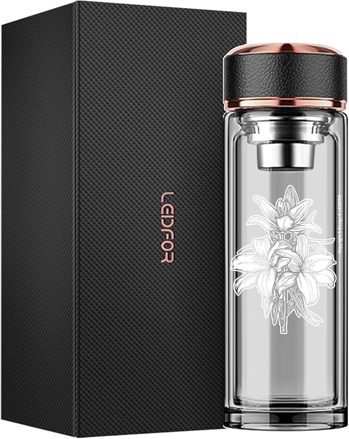 Tea Infuser Bottle - BPA Free Double Wall Glass Travel Tea Mug With Stainless Steel Filter - Leakproof Tea Tumbler with Strainer for Loose Leaf Tea and Fruit Water 17 oz Lily