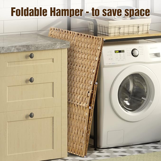 Greenstell Laundry Hamper No Install Needed, Divided Clothes Hamper with 2 Removable Liner Bags, 90L Handwoven Synthetic Rattan Laundry Basket with Lid and Handles, Foldable Natural